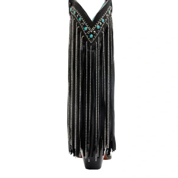 CORRAL EMBROIDERED AND CRYSTAL Black and Turquoise Eagle FRINGE WESTERN BOOTS - Picture 10 of 15